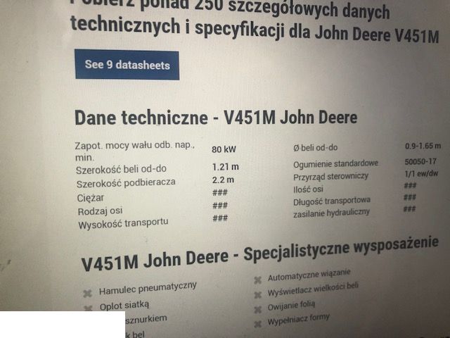 Запчасти для Пресс-подборщиков рулонных John Deere V451M - Podbieracz: фото 8