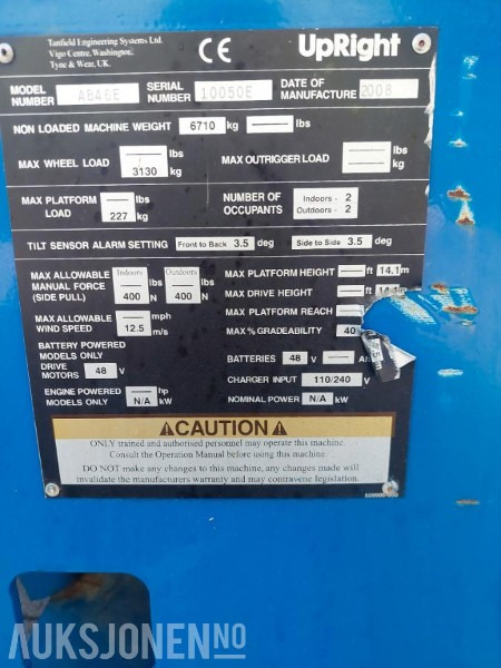 2008 UpRight AB46E bomlift med knekkarm - Arbeidshøyde 16,1 m. - Vekt: 6 700 kg - Timer: 217! - Подъёмник: фото 5 2008 UpRight AB46E bomlift med knekkarm - Arbeidshøyde 16,1 m. - Vekt: 6 700 kg - Timer: 217! - Подъёмник: фото 5