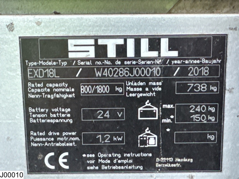 Still EXD18L 1800 kg, 2.11 m, Electric, 383 hours - Штабелер: фото 5 Still EXD18L 1800 kg, 2.11 m, Electric, 383 hours - Штабелер: фото 5