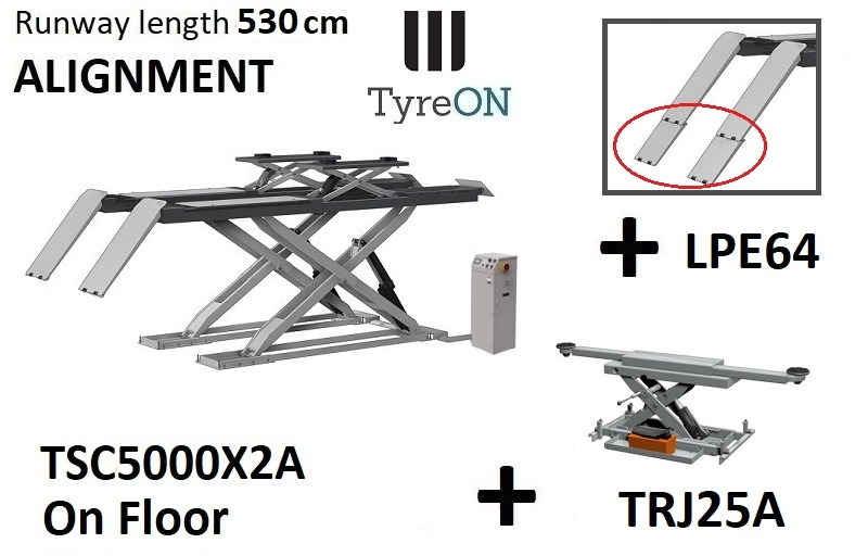 TSC5000X2A in floor alignment scissor lift 5000kg 5300mm + TRJ25A 2,5T air hydraulic axle jack + LPE64 low profile ramp extensions - Оборудование для гаражей/ Мастерских: фото 1 TSC5000X2A in floor alignment scissor lift 5000kg 5300mm + TRJ25A 2,5T air hydraulic axle jack + LPE64 low profile ramp extensions - Оборудование для гаражей/ Мастерских: фото 1