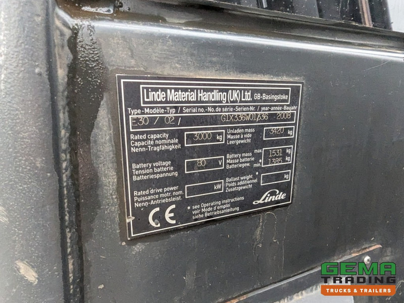Электропогрузчик Linde E30 02 - 4058 uur - Duplex Mast - Volrubber Banden - Eurotron 80V-80A Oplader (M34): фото 20