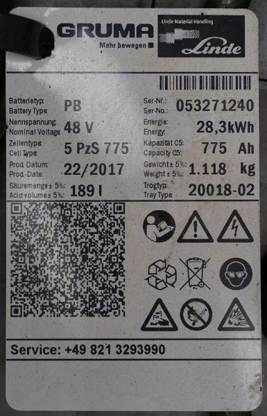 GRUMA 48 Volt 5 PzS 775 Ah - Аккумулятор для Погрузочно-разгрузочной техники: фото 5 GRUMA 48 Volt 5 PzS 775 Ah - Аккумулятор для Погрузочно-разгрузочной техники: фото 5