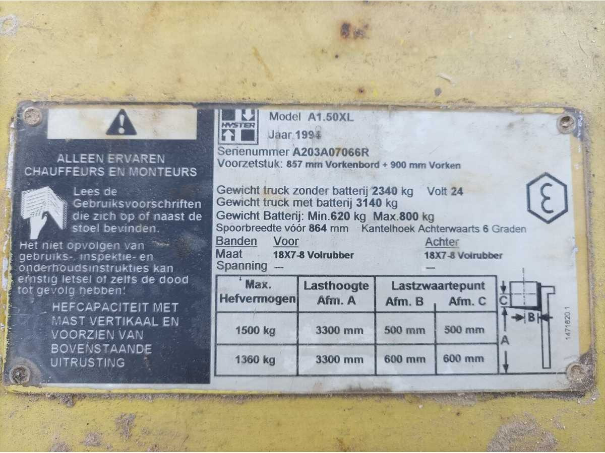 1994 HYSTER A1.50XL FORKLIFT TRUCK - Вилочный погрузчик: фото 4 1994 HYSTER A1.50XL FORKLIFT TRUCK - Вилочный погрузчик: фото 4